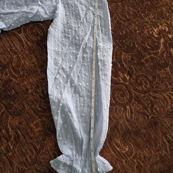 New Sky Blue Swiss Dot Chiffon V Neck Ruffle Blouse - Picture 10 of 10